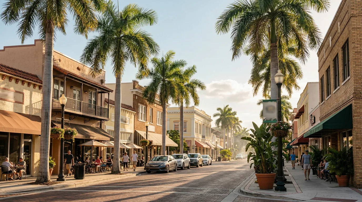 Palm-lined downtown street in Fort Myers, Florida, where the XactInsure team lives and works