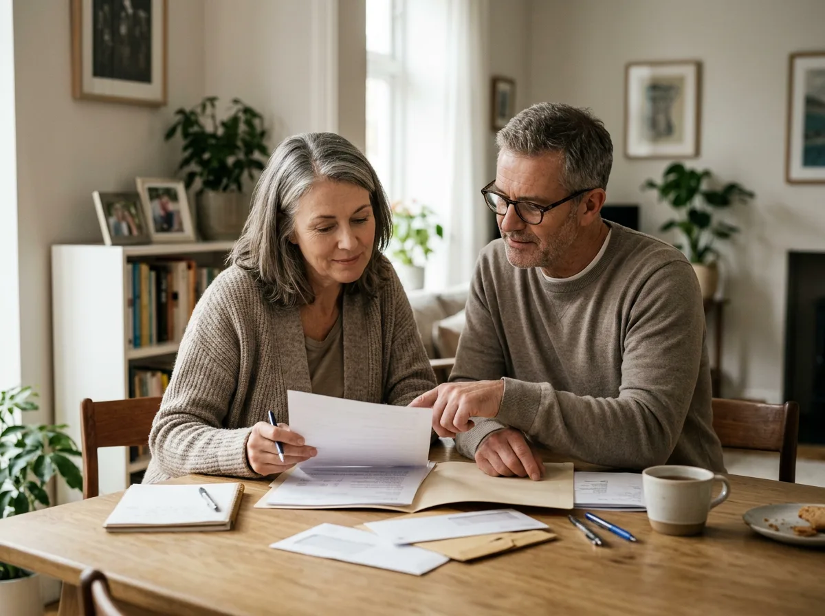 Mature couple reviewing final expense insurance paperwork at their dining table