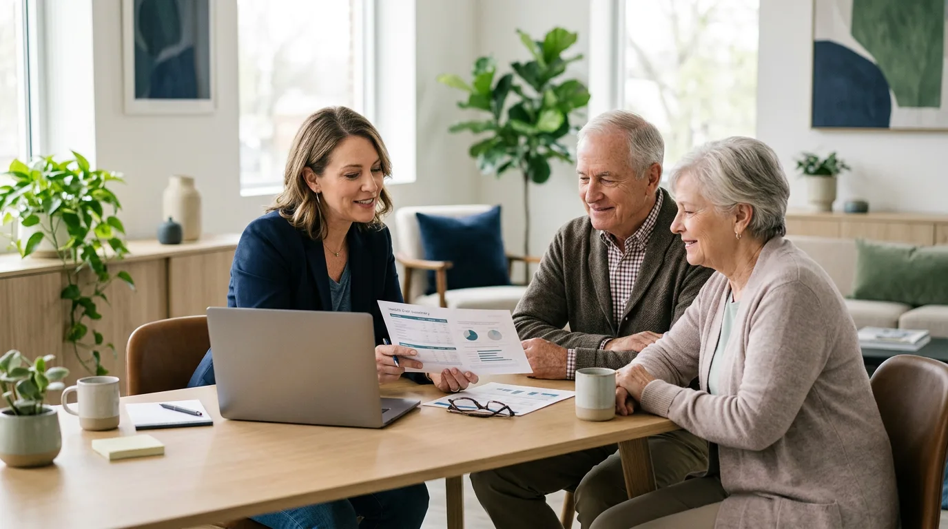 Insurance advisor explaining Medicare plan options to a senior couple in a Fort Myers, Florida office