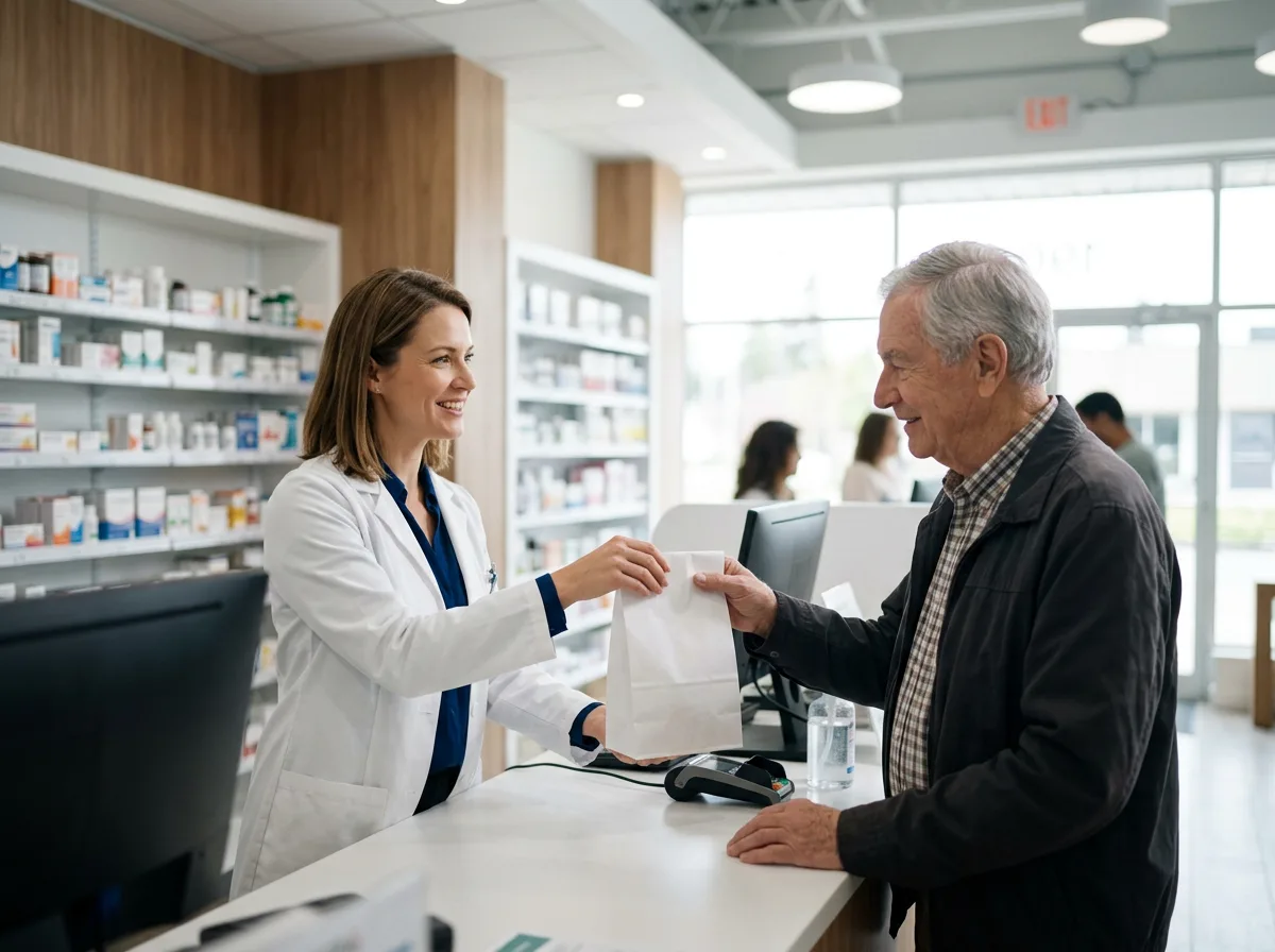 Pharmacist handing a prescription to an older man, illustrating Medicare Part D drug coverage