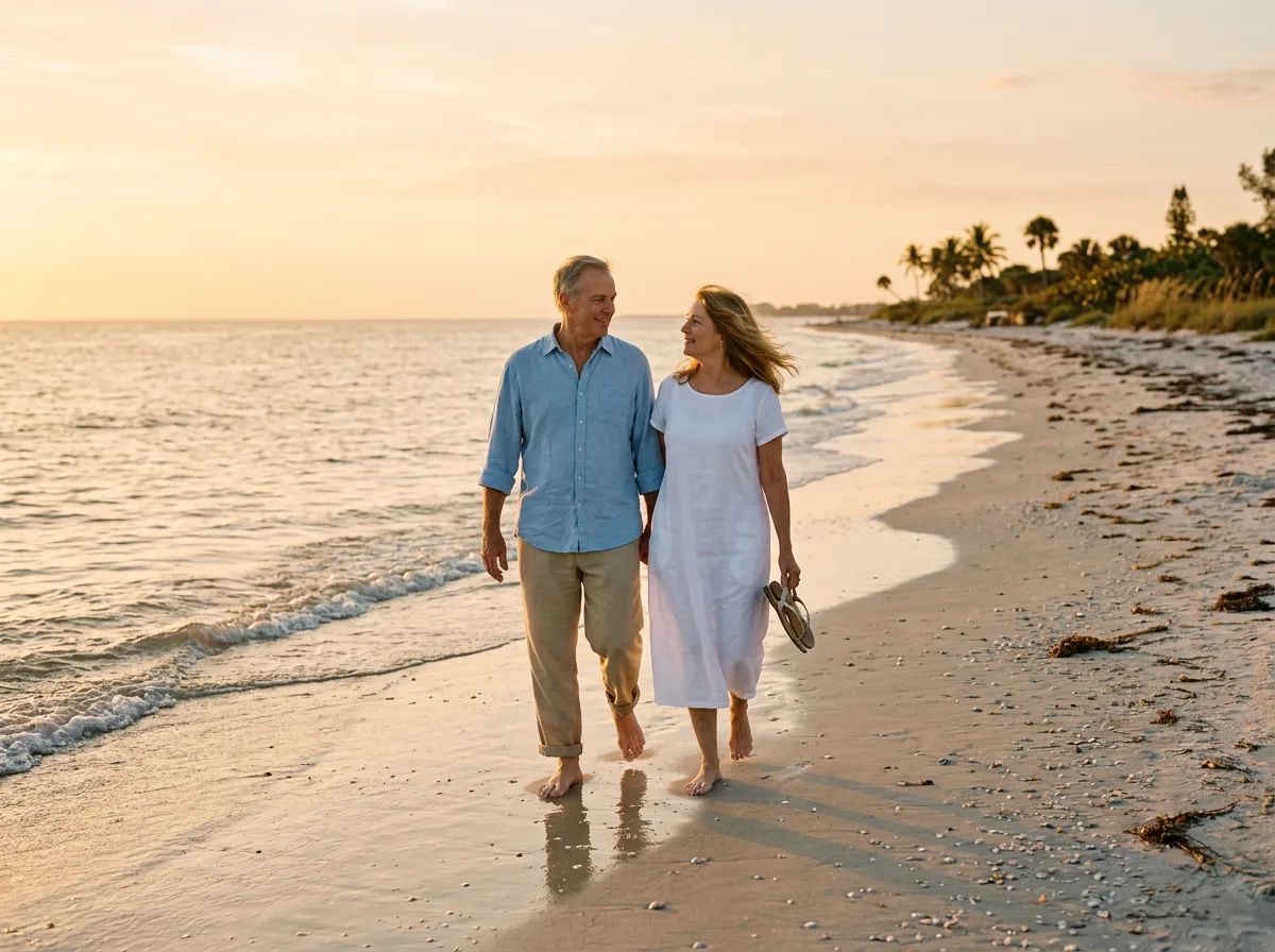 Retired couple walking on a Southwest Florida beach, enjoying life with Medicare Supplement Plan G coverage